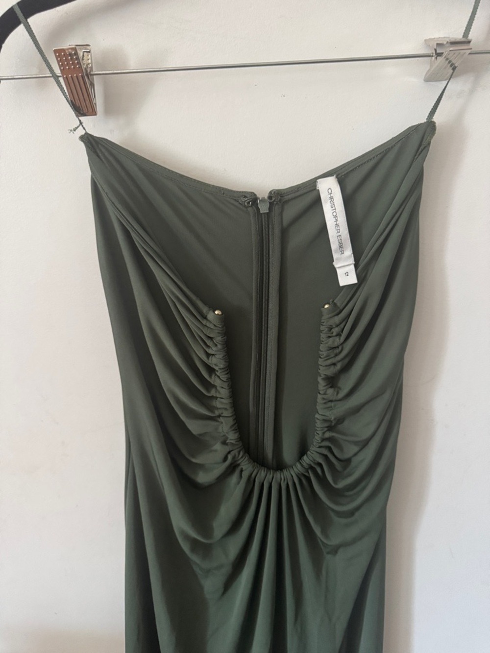 Christopher Esber Arced Palm strapless gathered jersey dress in Bottle Green - Picture 8 of 9